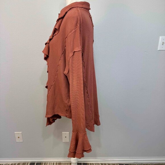 Free People We The Free Feelin' Fresh Shirting Cotton Ruffle-Front Warm Stone S - Picture 9 of 16